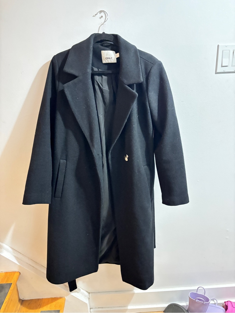 ONLY Women's Black Long Wool-Blend Trench Coat